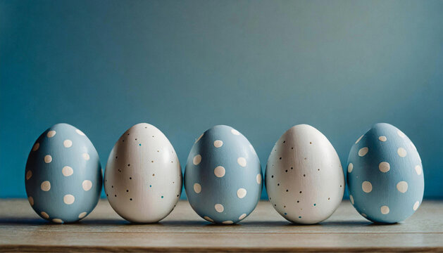 Alguns ovos de páscoa com bolinhas nas cores azul e branco, enfileirados, com fundo azul. 