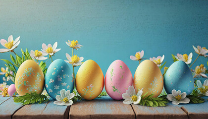 Uma fileira de ovos coloridos sobre uma superfície de madeira e  fundo azul, com flores decorando.