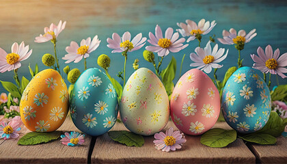 Um conjunto de ovos de Páscoa coloridos em pé, enfileirados, com flores atrás. 