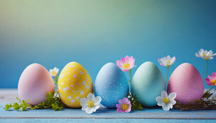 Uma fileira de ovos coloridos sobre uma superfície de madeira e  fundo azul, com flores decorando. - obrazy, fototapety, plakaty