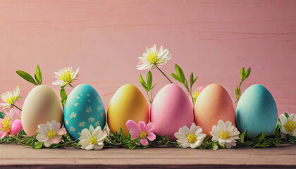 Uma fileira de ovos coloridos com fundo cor-de-rosa e algumas flores decorando. - obrazy, fototapety, plakaty