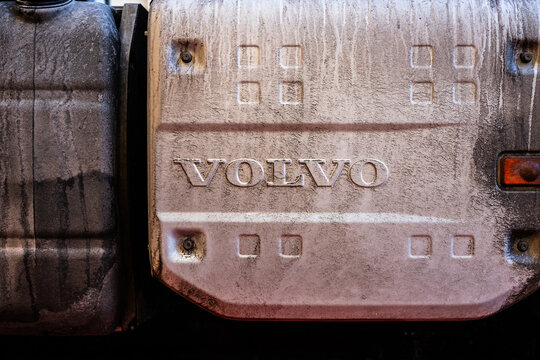 Moss, Norway - december 27 2023: Volvo logo on the side of a dirty truck.