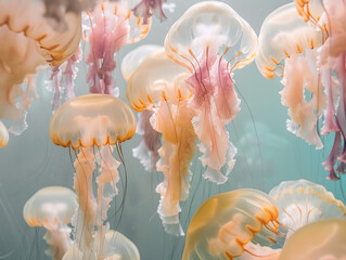 Beautiful jelly fishes in the ocean, pastel tones
