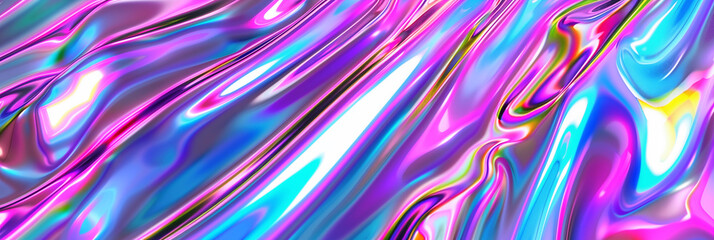 A vibrant, iridescent material twists and flows in an abstract form, with a play of colors ranging from blues and pinks to purples dominating the scene. The fluid appearance surface - obrazy, fototapety, plakaty