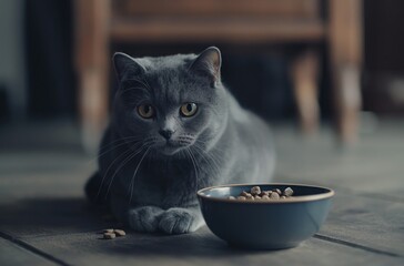 Gray cat with food bowl