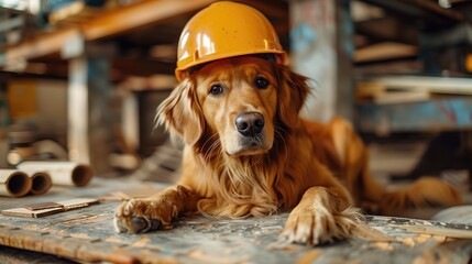 a dog in a hard hat sitting down at a table with some tools