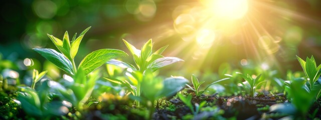 Banner with young plant growing in garden. Seedling are growing in the soil on blurred background of the mourning sunlight. Green world and Earth day concept. Ecology and ecological balance - obrazy, fototapety, plakaty