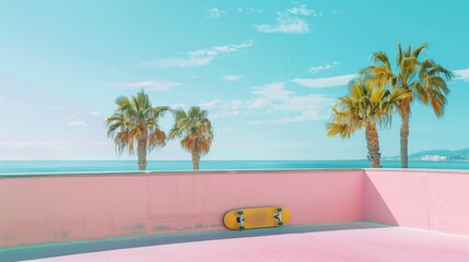 Fototapeta premium Skateboarding on a beach boardwalk, pastel colors, summer vibes, detailed ocean and palm trees, empty space for text