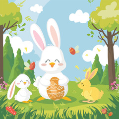 Obraz na płótnie Canvas Happy farm animals hen white bunny wearing eggshell