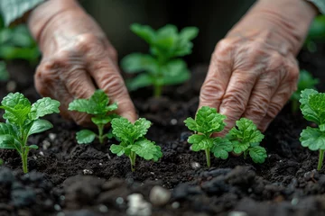  Close-up of a gardener's hands nurturing young potato plants in fertile soil, symbolizing care and growth in gardening © Jenia