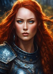 A close up of an red haired female wearing wolf pelt shoulder cloak, symmetrical epic fantasy art, highly detailed dark art, detailed digital 2d fantasy art, intricate armor, in the style of alex gray - obrazy, fototapety, plakaty