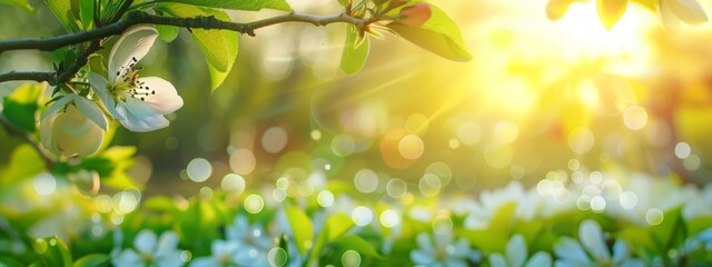 Bright and light spring banner with blooming flowers of apple tree - obrazy, fototapety, plakaty