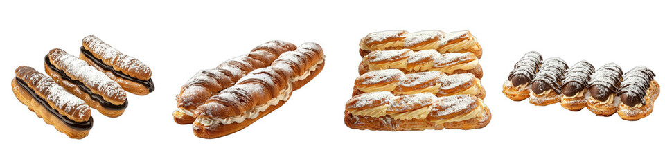 Eclairs arranged in a neat row with powdered sugar Hyperrealistic Highly Detailed Isolated On Transparent Background Png File