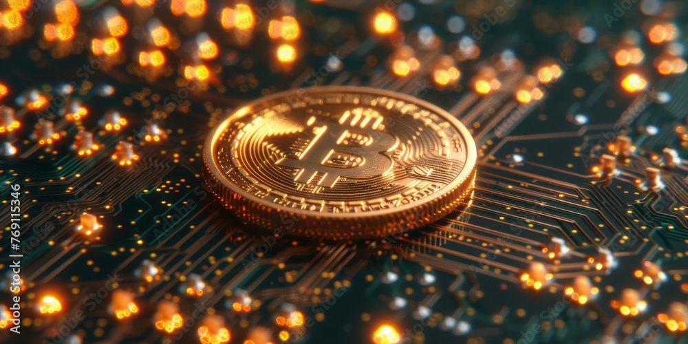 Poster a shining bitcoin on an illuminated circuit board, representing the revolutionary world of cryptocur