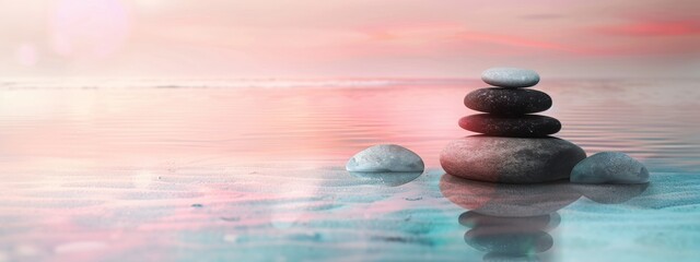 Obraz na płótnie Canvas Calm - zen stones reflecting in turquoise water against the pink horizon with a blur, background with copy space