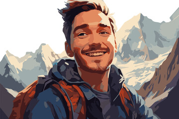 Vector portrait of smiling man with backpack standing on the top of mountain with beautiful rocky area at background - obrazy, fototapety, plakaty
