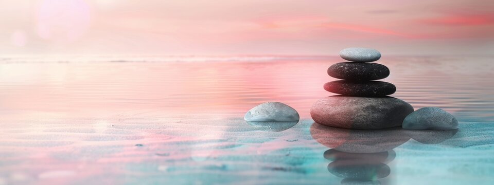 Calm - zen stones reflecting in turquoise water against the pink horizon with a blur, background with copy space