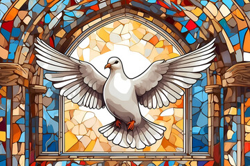 White dove flying against a colored mosaic church window