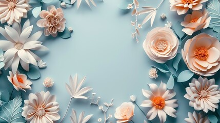 Elegant floral frame, featuring cream and peach colored paper flowers with delicate foliage