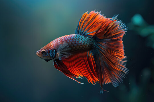 A purebred fish poses for a portrait in a studio with a solid color background during a pet photoshoot.

