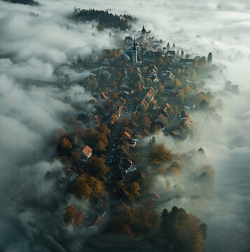 Beautiful village and nature on the left seen through the fog on the right