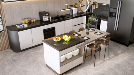 3d render modern kitchen with dining table interior