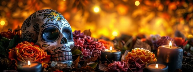 Day of the Dead Sugar Skull and Ofrenda Amidst Flowers and Lights