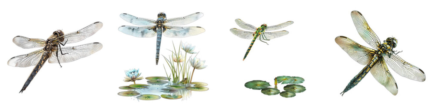 Dragonfly hovering over a pond Hyperrealistic Highly Detailed Isolated On Transparent Background Png File