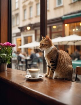 A contemplative cat sits beside a coffee cup in a cozy cafe window, offering a charming and serene urban scene.