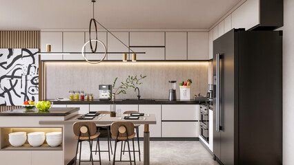 3d render modern kitchen with dining table interior