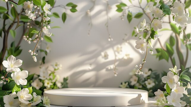 3d render, white podium with white daisies on green background