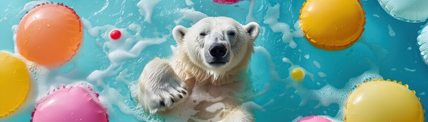 Aerial perspective of a polar bear surrounded by inflatable summer pool toys