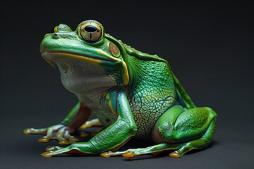 Obraz premium A frog poses for a portrait in a studio with a solid color background during a pet photoshoot.