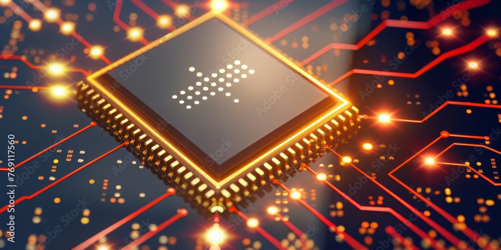 Poster A Close-Up of a Microchip Processor, the Heart of Computing Power and Electronic Innovation, Generative AI