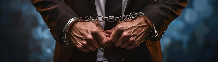 Close-up of a businessmans hands in handcuffs - obrazy, fototapety, plakaty