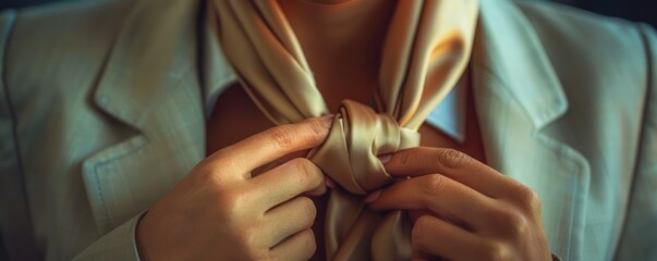 Close-up of a businesswoman s hands gently unwrapping silk ties - obrazy, fototapety, plakaty