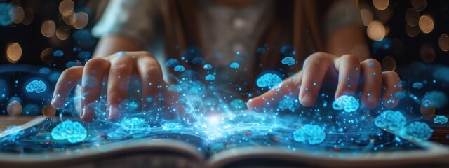 Close-up of a child s hands flipping through a digital book with illustrations of blue digital brains