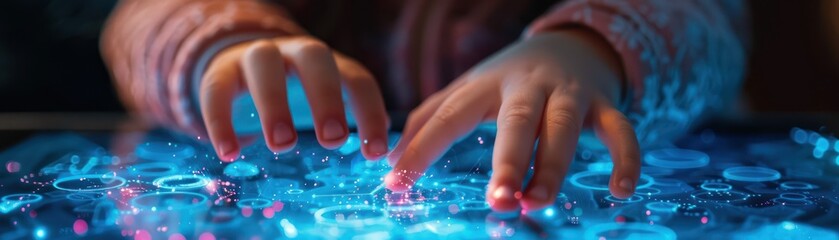 Close-up of a child s hands engaging with a touchscreen displaying interactive blue digital brain exercises