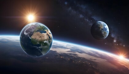 Panoramic view of the Earth, sun, star and galaxy. Sunrise over planet Earth, view from space created with generative ai