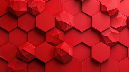 Abstract background with waves made of red futuristic honeycomb mosaic primitive geometric shapes.