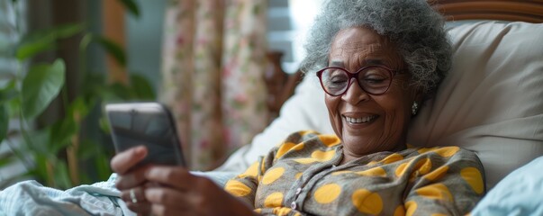 Close-up of a patient s joyful reaction while reading good news on a healthcare app - obrazy, fototapety, plakaty