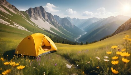 Camping tent in a mountain valley with wild meadow flowers on a background of mountains. Freedom travel and hiking in the mountains concept created with generative ai. - obrazy, fototapety, plakaty