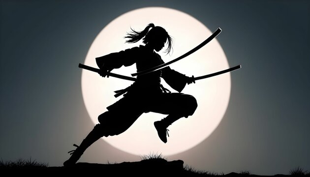 silhouette of a knight with a sword, the Silhouette of a samurai girl who attacks in a jump with a katana in her hands created with generative ai.