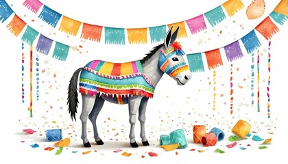 colorful funny donkey against a white background with papel picado and confetti. Hispanic decoration for Las Posadas wallpaper created with generative ai.