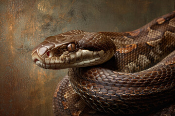 Fototapeta premium A purebred snake poses for a portrait in a studio with a solid color background during a pet photoshoot.