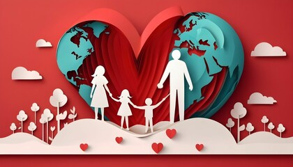 World Heart Day concept, a family holding hands standing on a heartbeat line together with earth and heart, illustration created with generative ai
