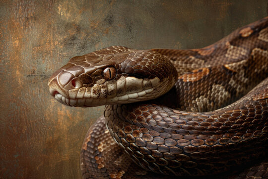 A purebred snake poses for a portrait in a studio with a solid color background during a pet photoshoot.

