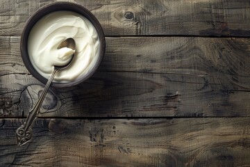 Natural Yogurt with Spoon in Close-Up, Textured Wooden Setting