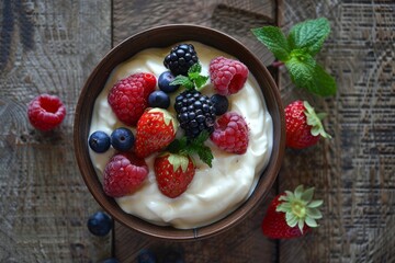 Creamy Yogurt Bowl Topped with Fresh Mixed Berries, Wooden Surface