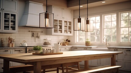 Modern farmhouse kitchen with dining table and hanging lamp.  - obrazy, fototapety, plakaty